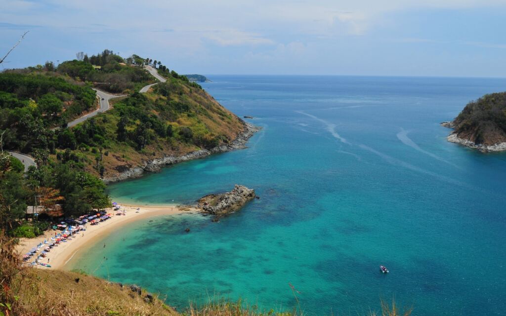 A breathtaking aerial view of Phuket Beach, with golden sands and turquoise waters. 