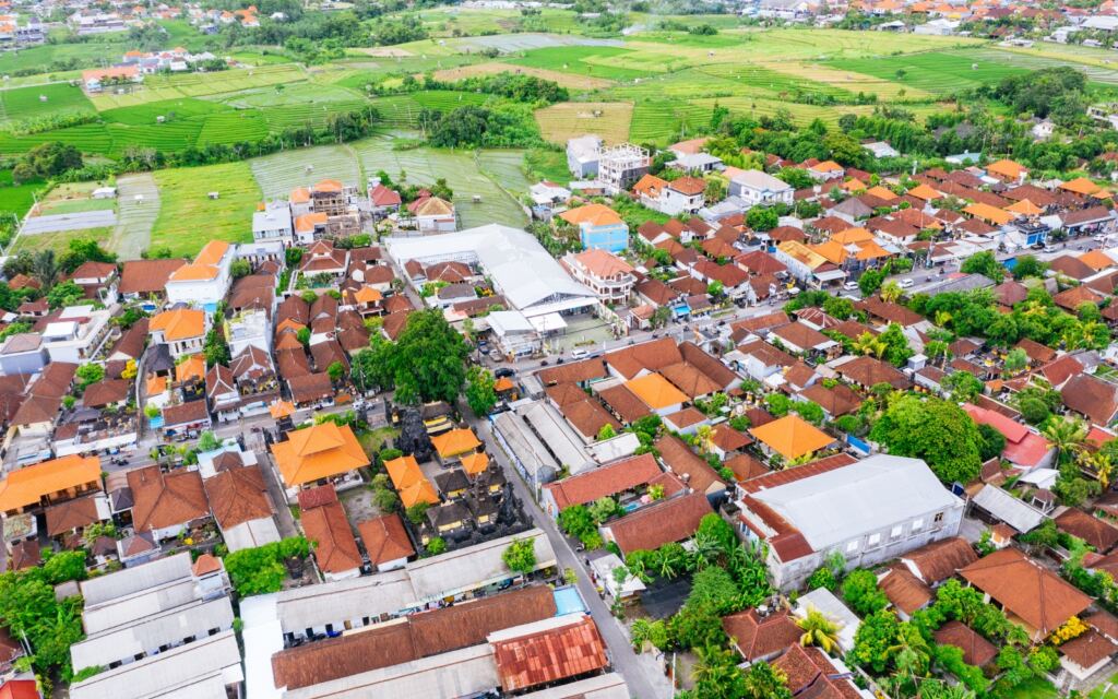 Aerial view of Canggu centre in Bali, Indonesia.