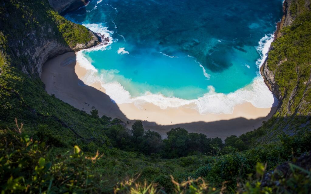 Aerial view at Kelingking beach on the island of Nusa Penida in Indonesia.