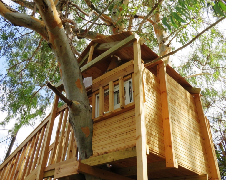 Treehouse (tree house or tree fort) built around the trunk of a majestic tree in a green landscape.