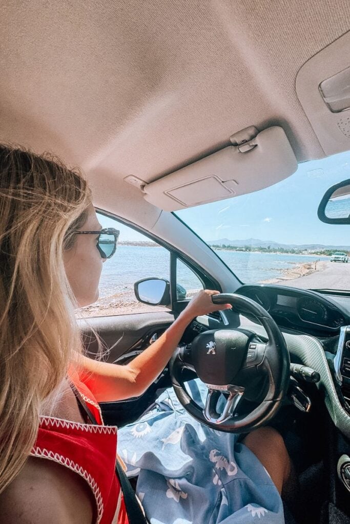 Driving along the coast of Paros island in Greece.