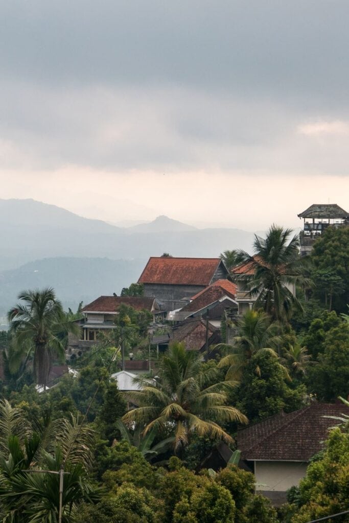 Scenic view of Munduk village surrounded by lush greenery and mountains in Bali.