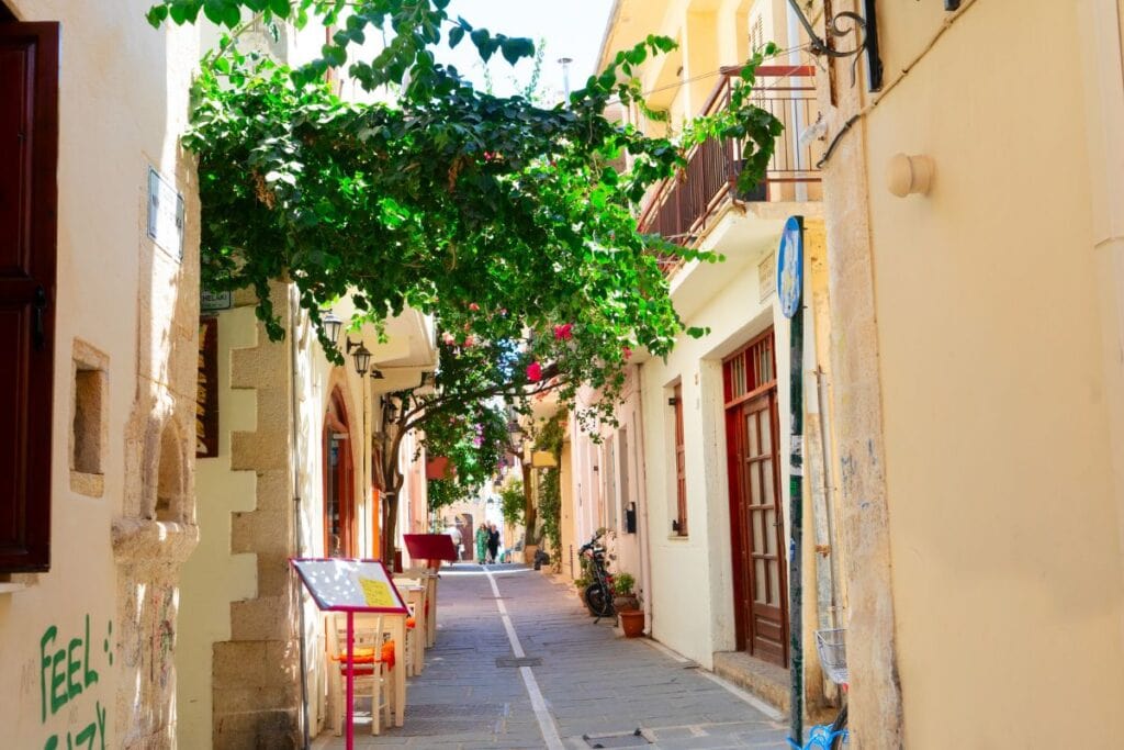 Relaxing narrow street with vibrant greenery and charming buildings in a Mediterranean town.