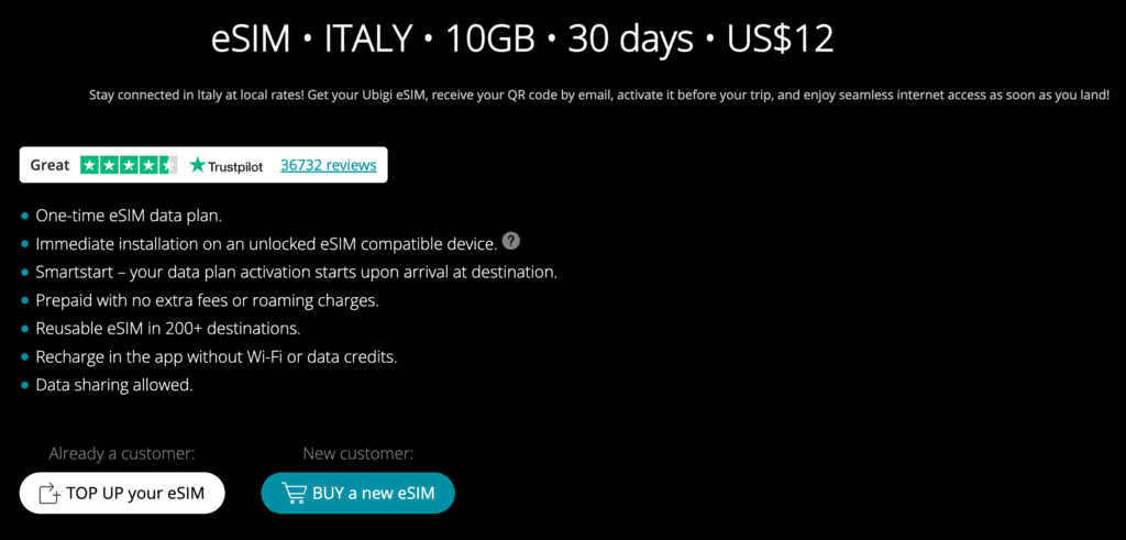 ESIM イタリア旅行プランには、10 GB データ、30 日間、シームレスな接続のための即時アクティベーションが含まれます。