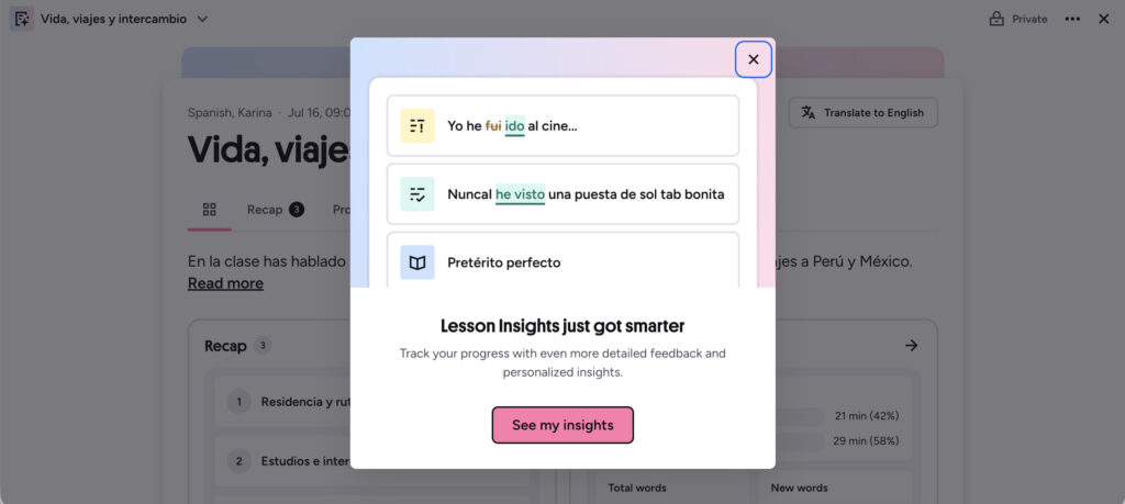Language learning app interface showing Spanish translations and lesson insights.