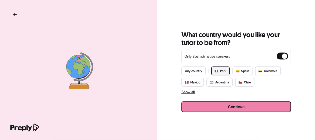 Online language tutor selection interface with country options and continue button.